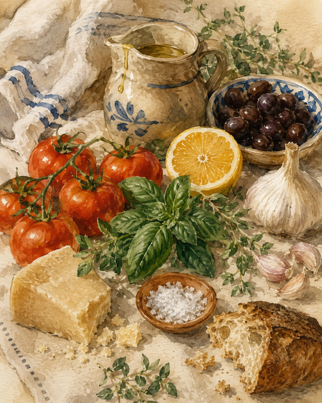 Mediterranean food watercolor